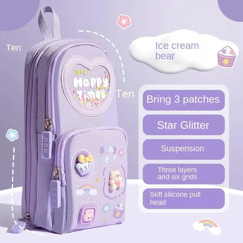 1pcs Patch Design Large Capacity Canvas Pencil Bag for Girls
