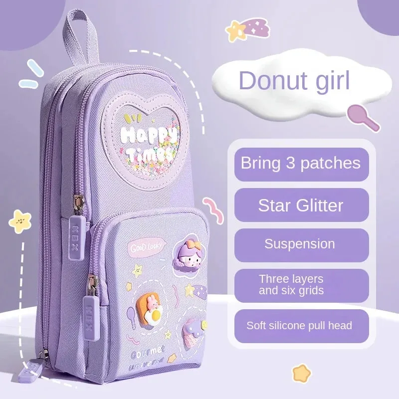 1pcs Patch Design Large Capacity Canvas Pencil Bag for Girls