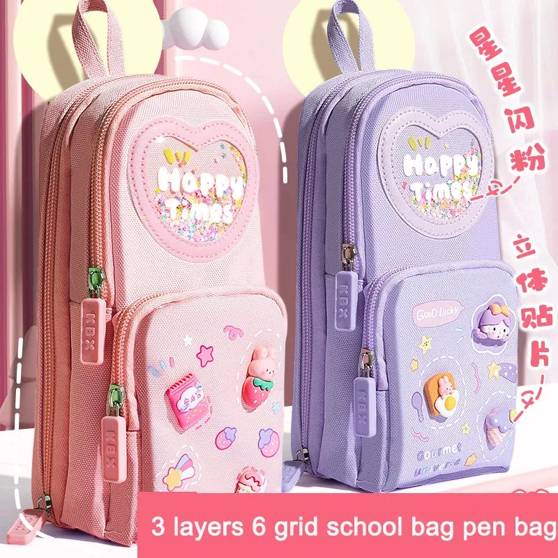 1pcs Patch Design Large Capacity Canvas Pencil Bag for Girls