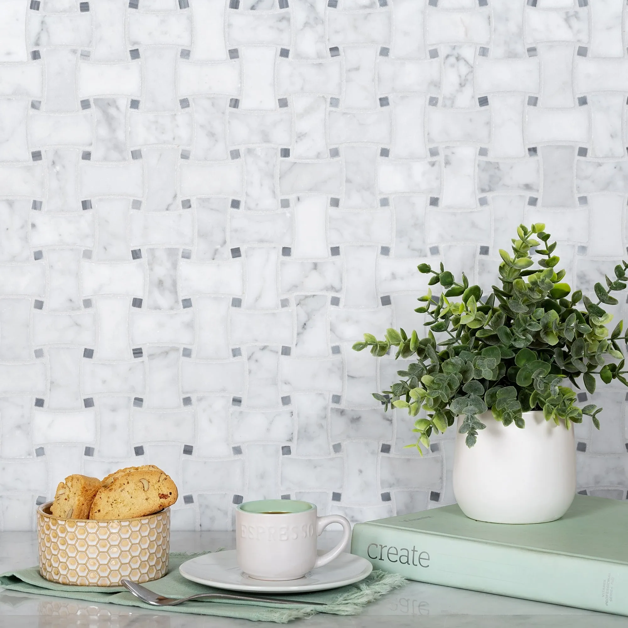 5 pack White 12-in x 12-in Polished Marble Basketweave Patterned Floor and Wall Tile (5 sq ft/case) - Sample