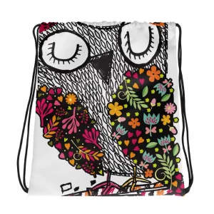 Allover Owl Print Drawstring Bag