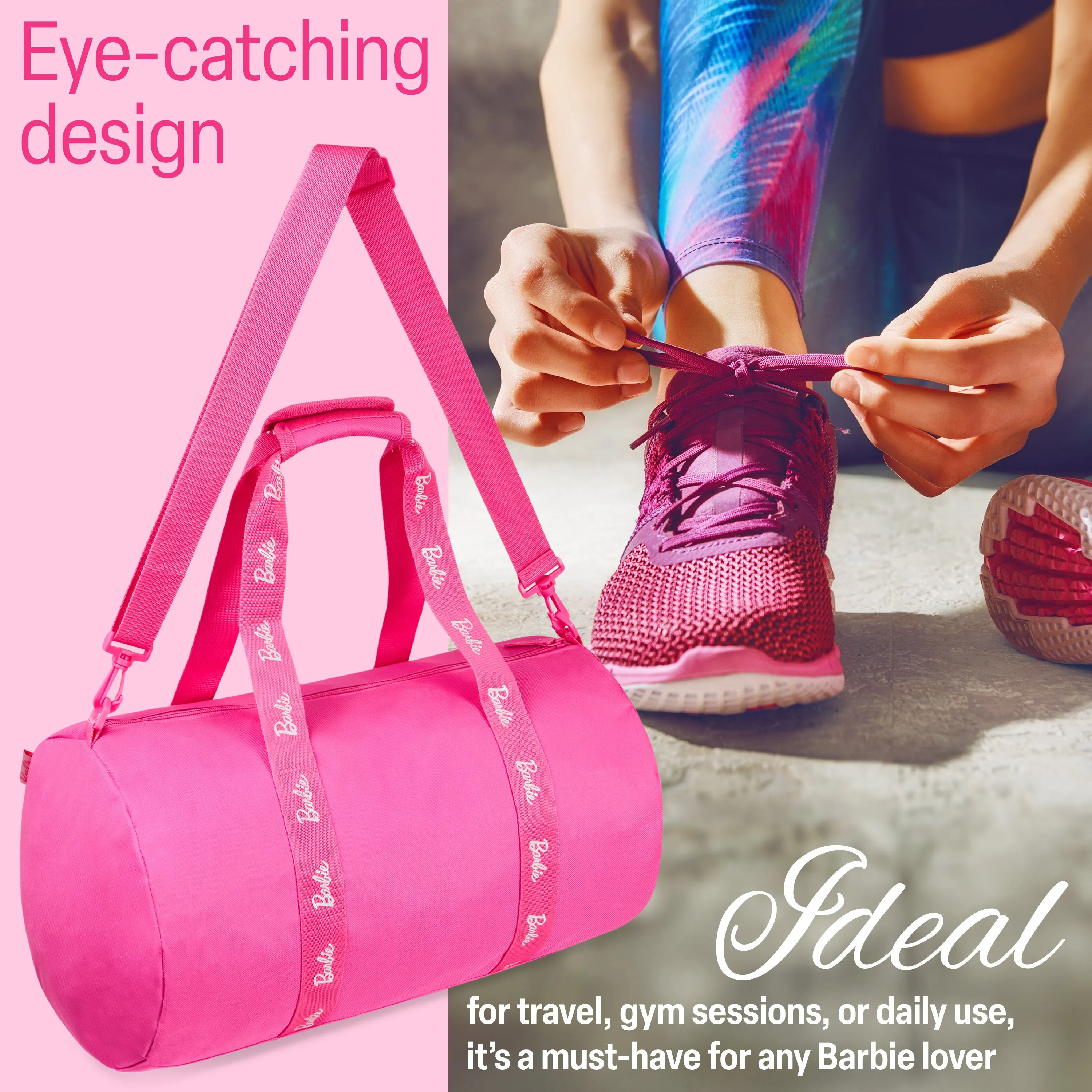 Barbie Duffel Bag, Spacious Weekend Bag with Zipped Pockets for Travel and Gym