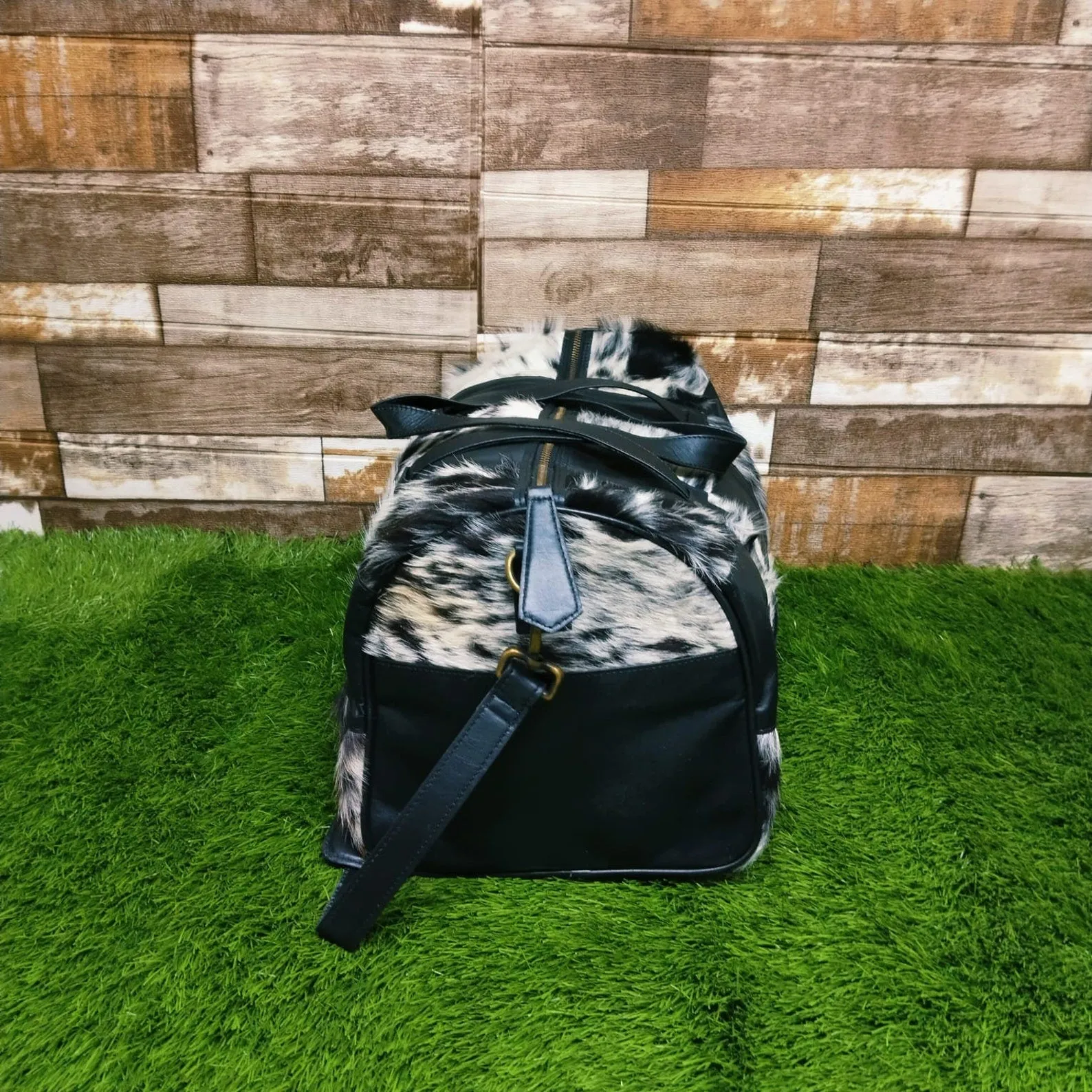 Black White Leather Cowhide Overnight Travel Bag