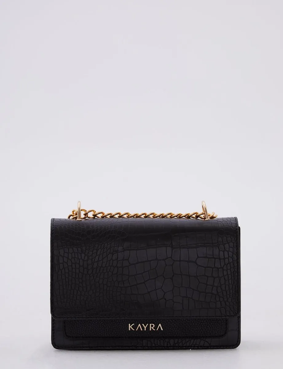 Croc Patterned Black Side Crossover Bag