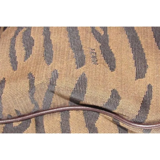 Fendi Large Oyster Style Shoulder Purse Brown And Black Tiger Print Canvas And Brown Leather Leather
