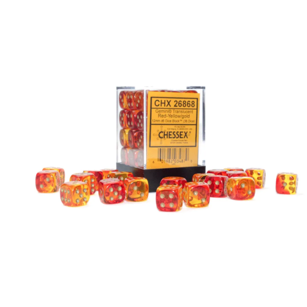 Gemini 12mm d6 Translucent Red-Yellow/gold Dice Block (36 dice)