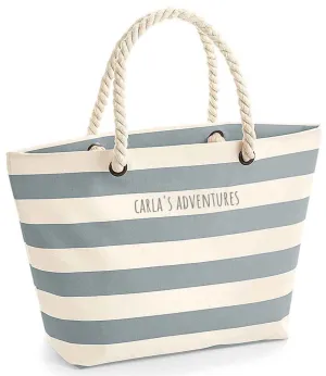 Grey striped beach bag with rope handles - Personalised