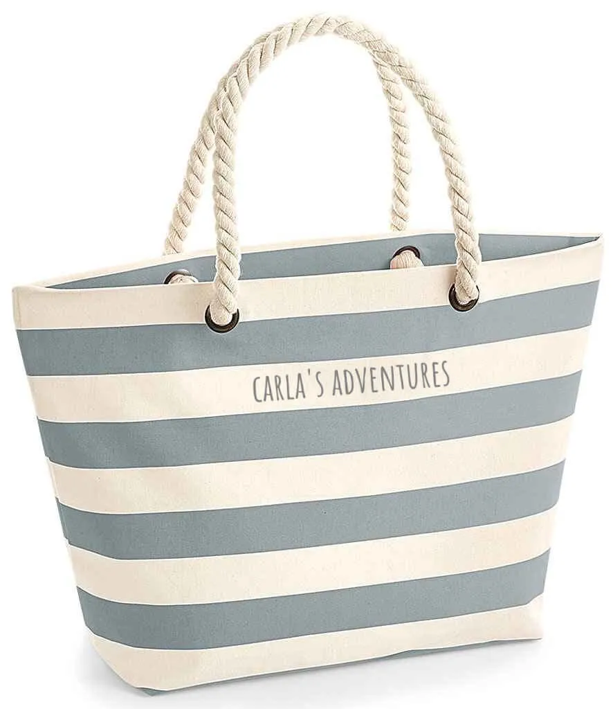 Grey striped beach bag with rope handles - Personalised