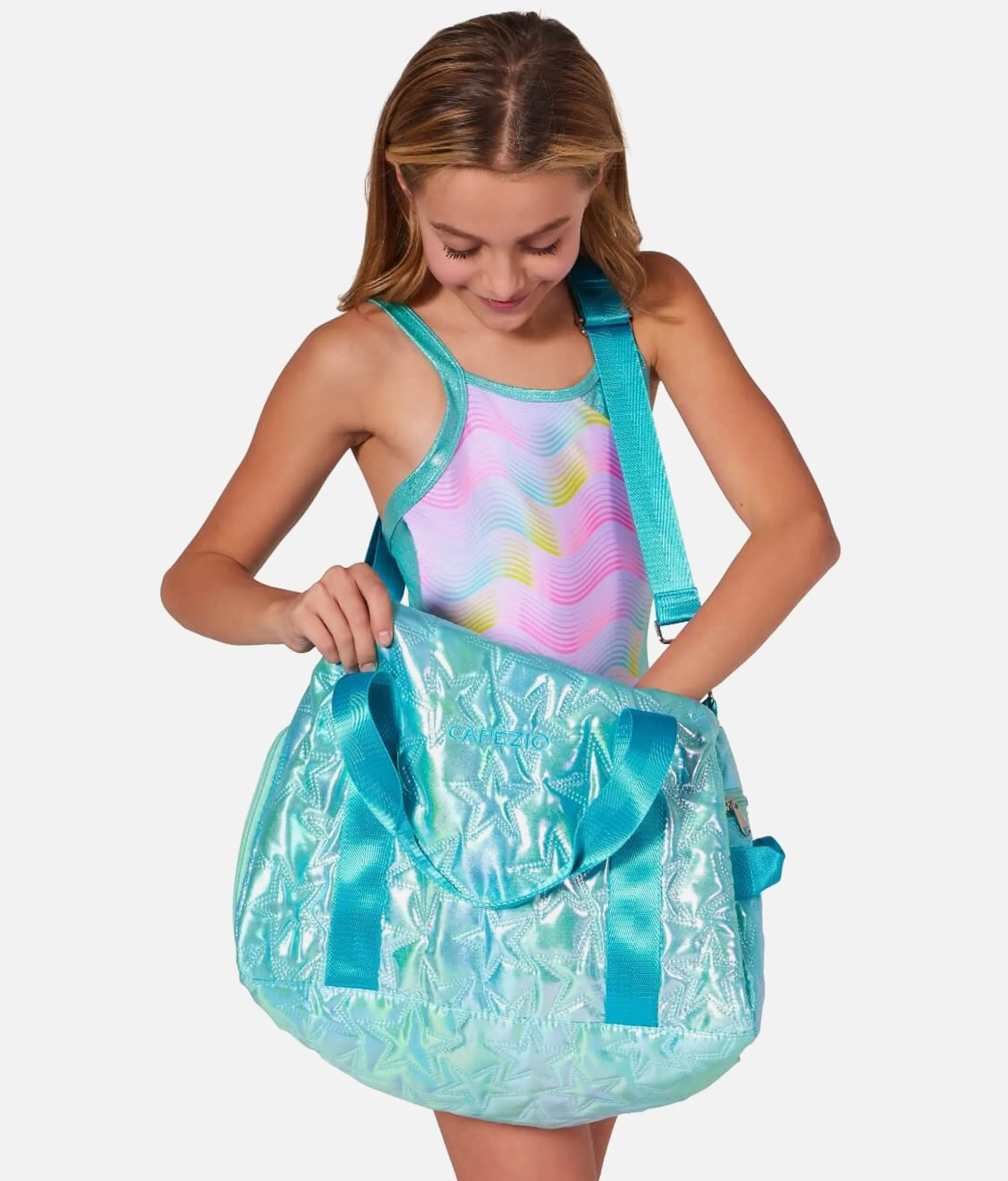 Metallic Star Duffle, Adjustable Strap & Shoe Pocket Dance Bag - B323