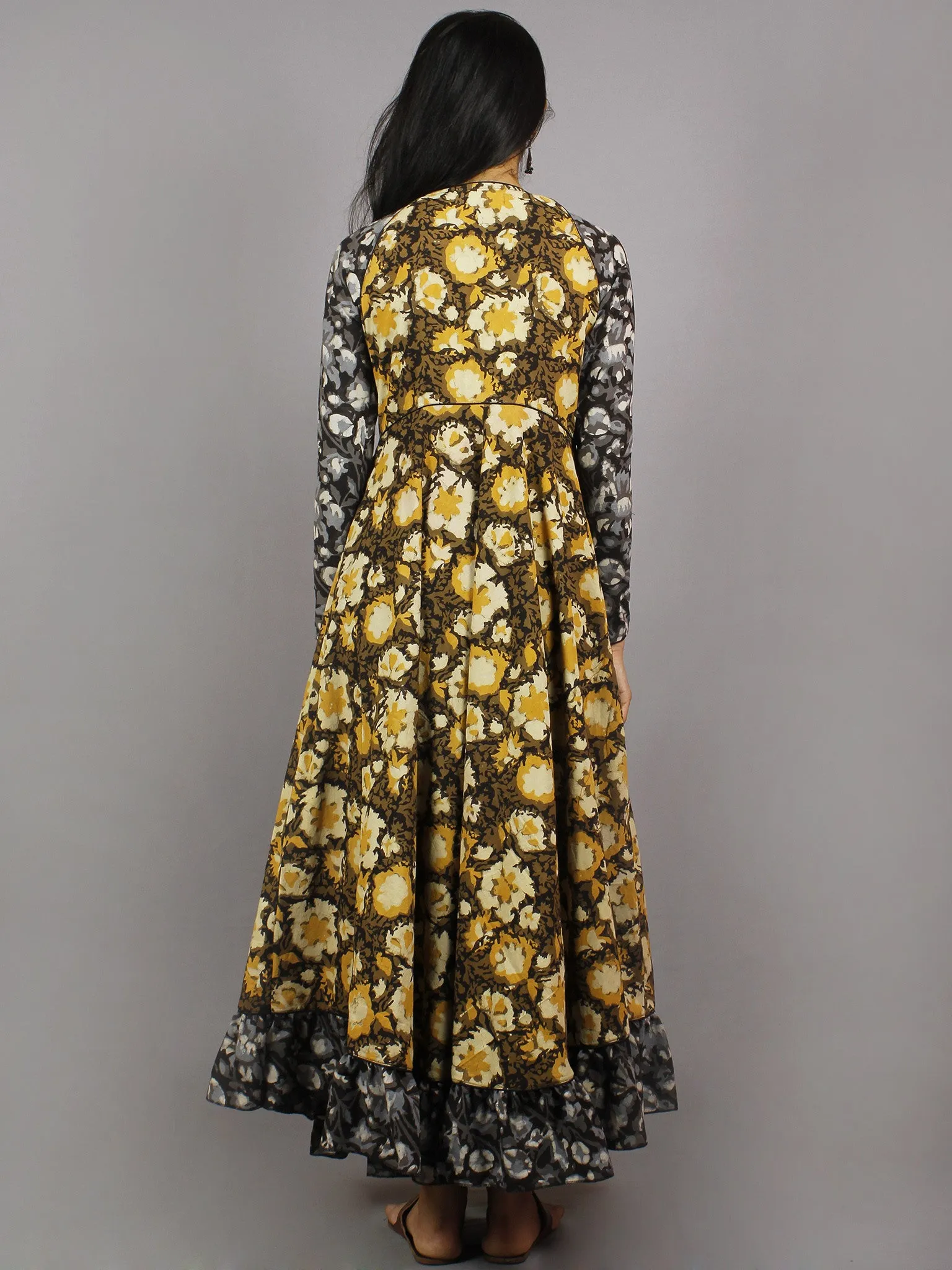 Mustard Yellow Black Grey Hand Block Printed Long Cotton Dress With Gather - D0655619