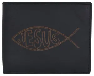 New Men's RFID Jesus Printed Logo Genuine Leather Bifold Wallet …