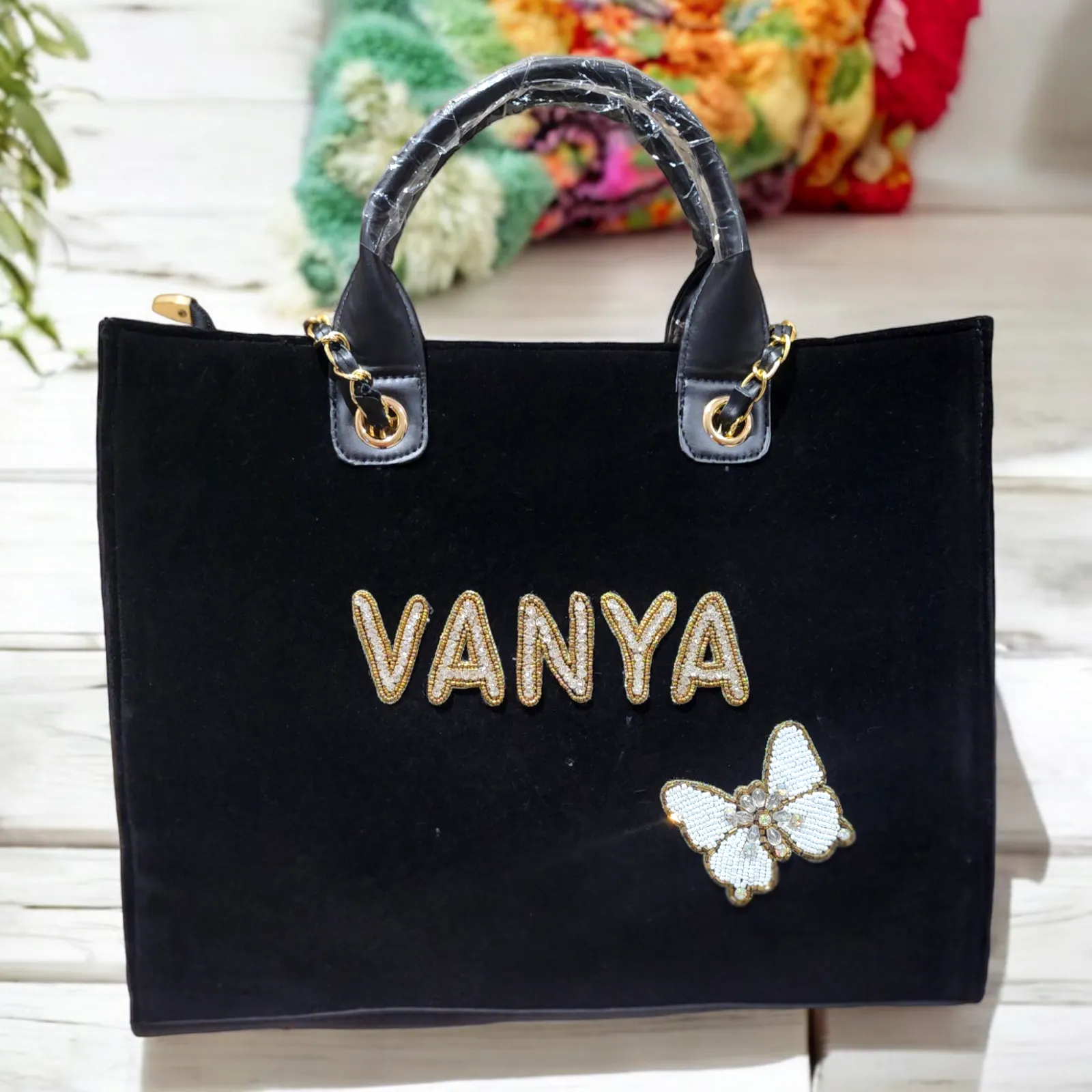 Nivel Customized Name Black TOTE Bag with Butterfly Emoji