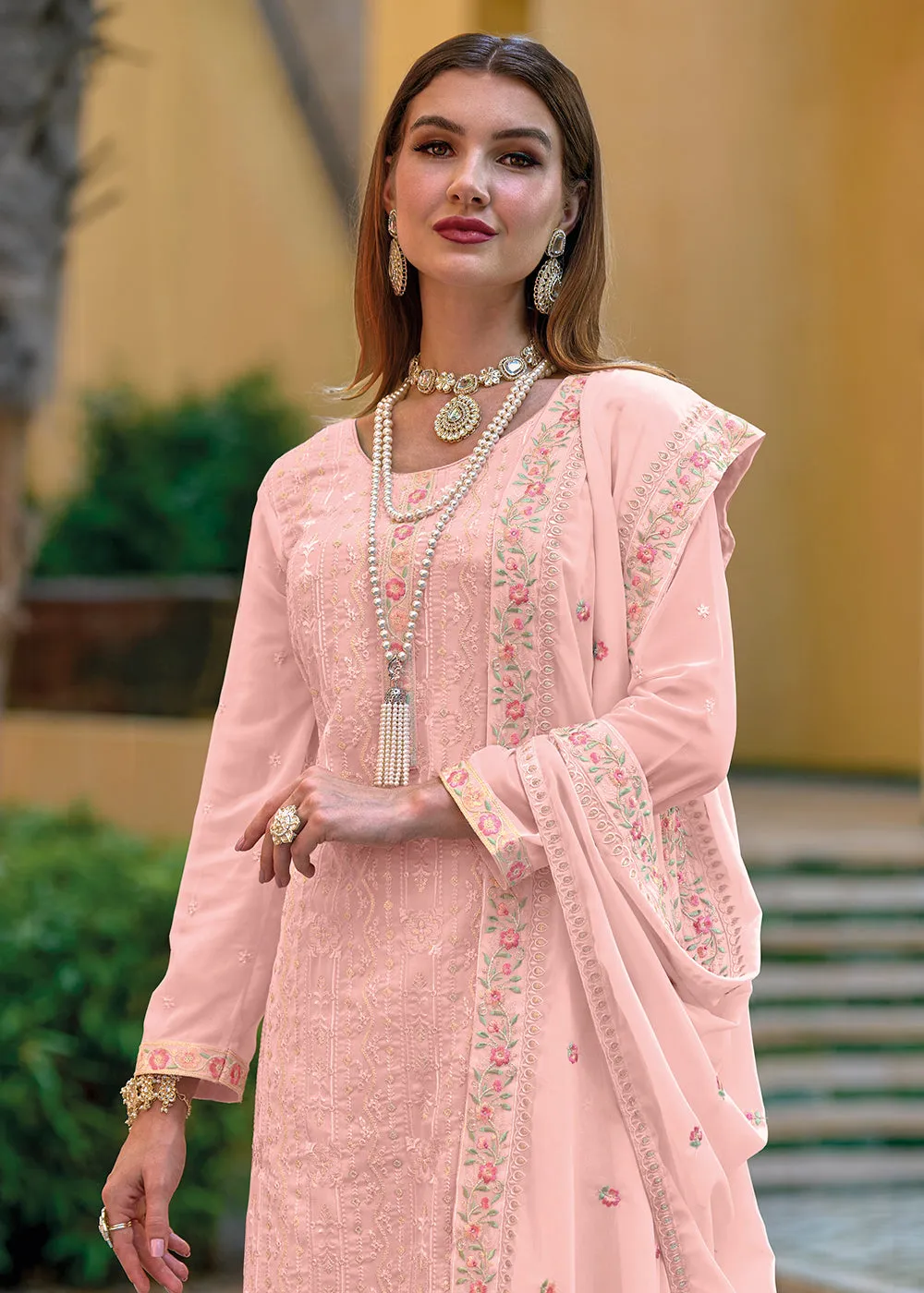 Pakistani Style Splendid Peach Embroidered Eid Wear Kurta Set