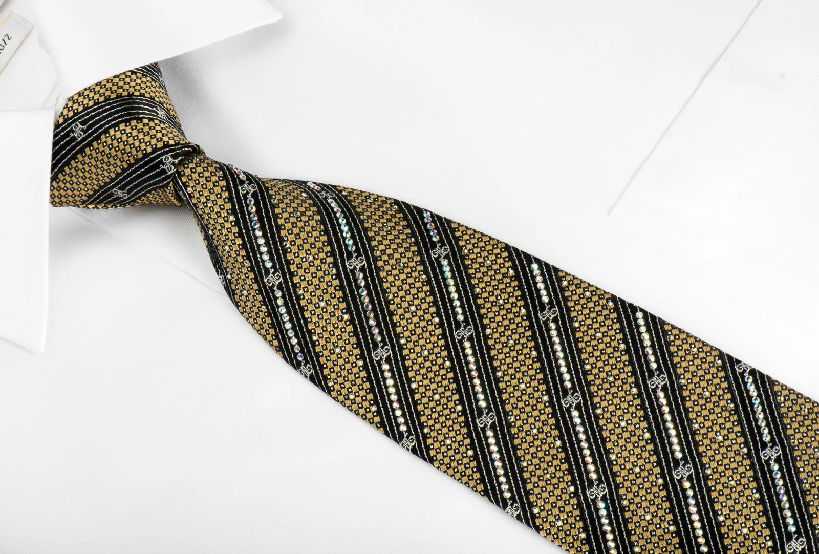 Rhinestone Silk Tie Black Gold Striped With Silver Sparkles