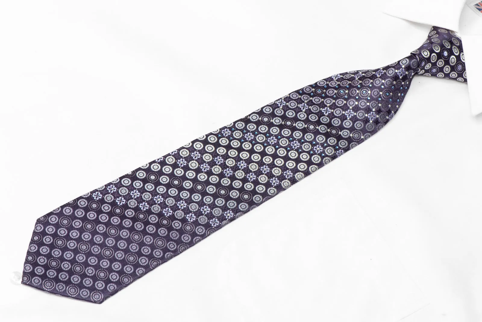 Silver Geometric Floral On Navy Blue Rhinestone Tie With Sparkles