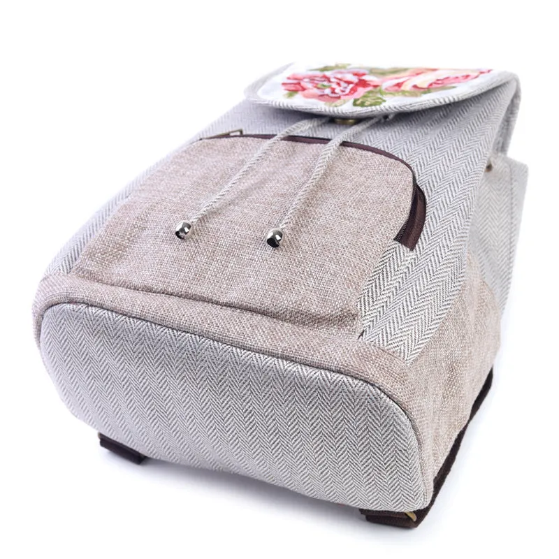 Women's Vintage Peony Flower Embroidery Cotton and Linen Backpacks