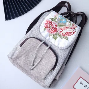 Women's Vintage Peony Flower Embroidery Cotton and Linen Backpacks