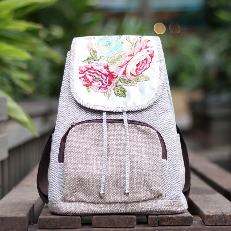 Women's Vintage Peony Flower Embroidery Cotton and Linen Backpacks