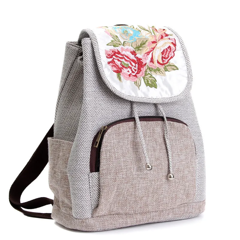 Women's Vintage Peony Flower Embroidery Cotton and Linen Backpacks