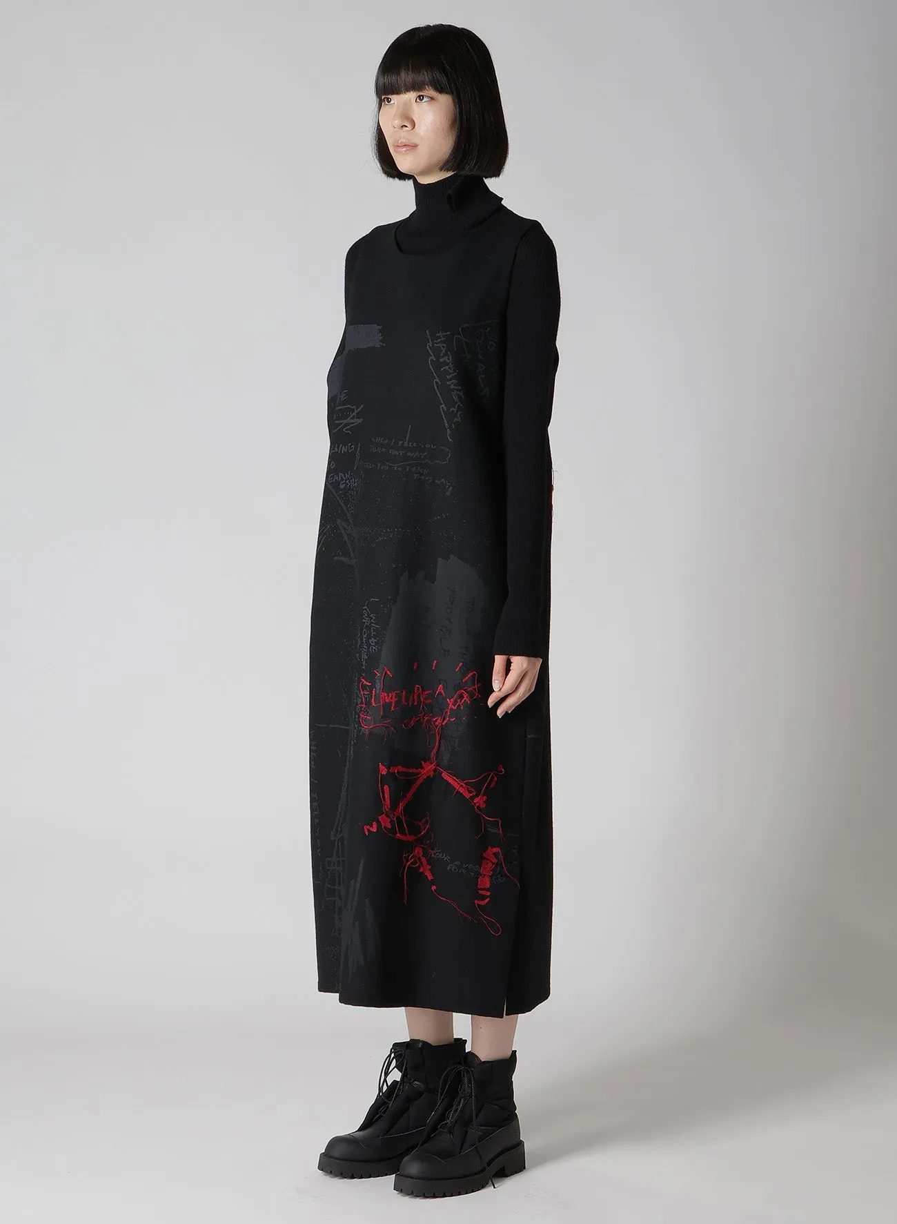 WOOL FLANNEL CHALK PRINT SLEEVELESS DRESS